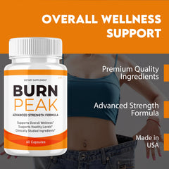 Lofero Burn Peak capsules bottle back label, advanced supplement details.
