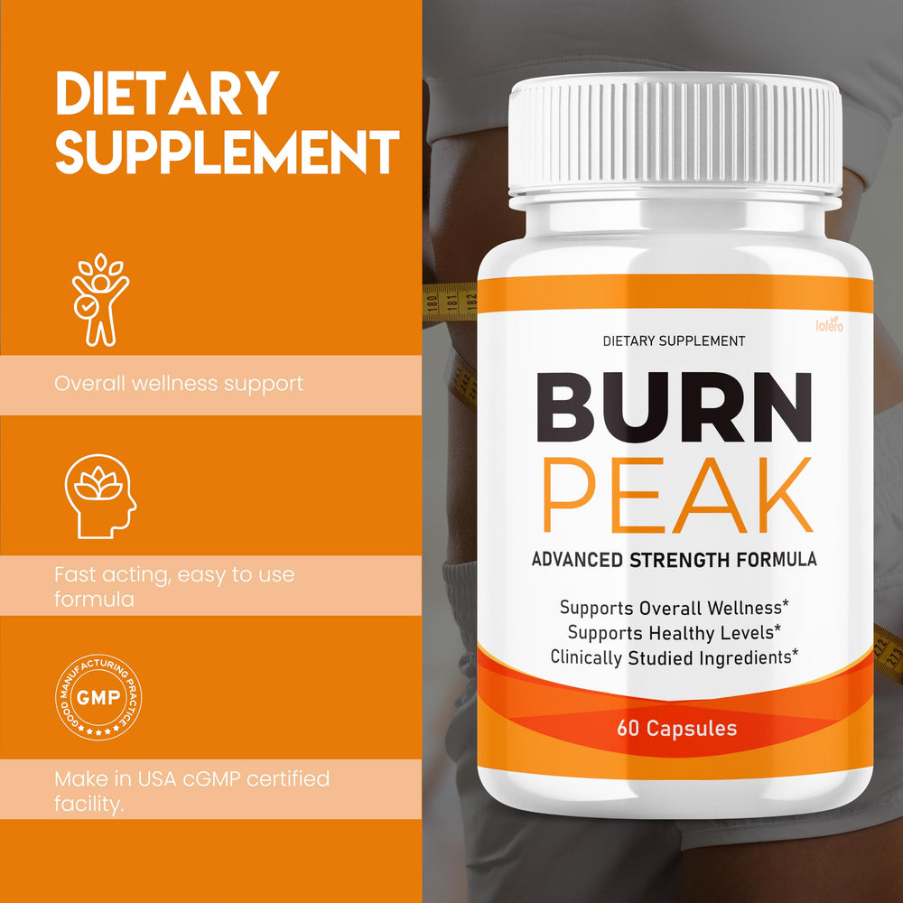 Lofero Burn Peak capsules bottle closeup, energy-boosting formula.