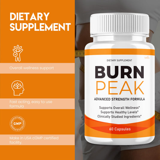 Lofero Burn Peak capsules bottle closeup, energy-boosting formula.