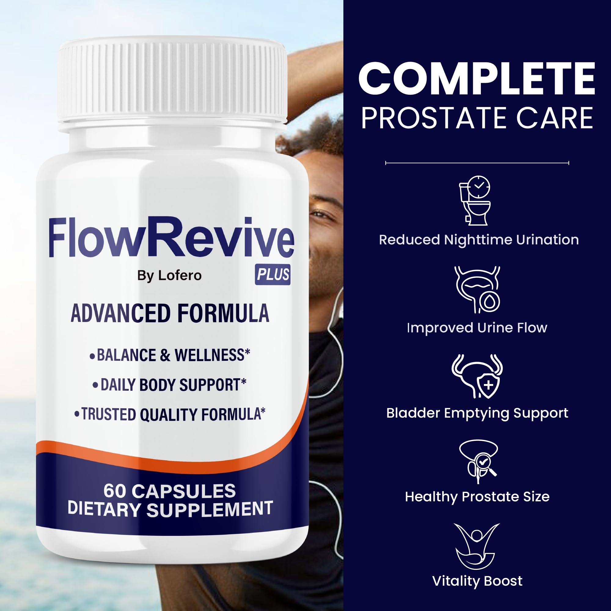Lofero FlowRevive bottle back-label highlights natural ingredients for wellness.