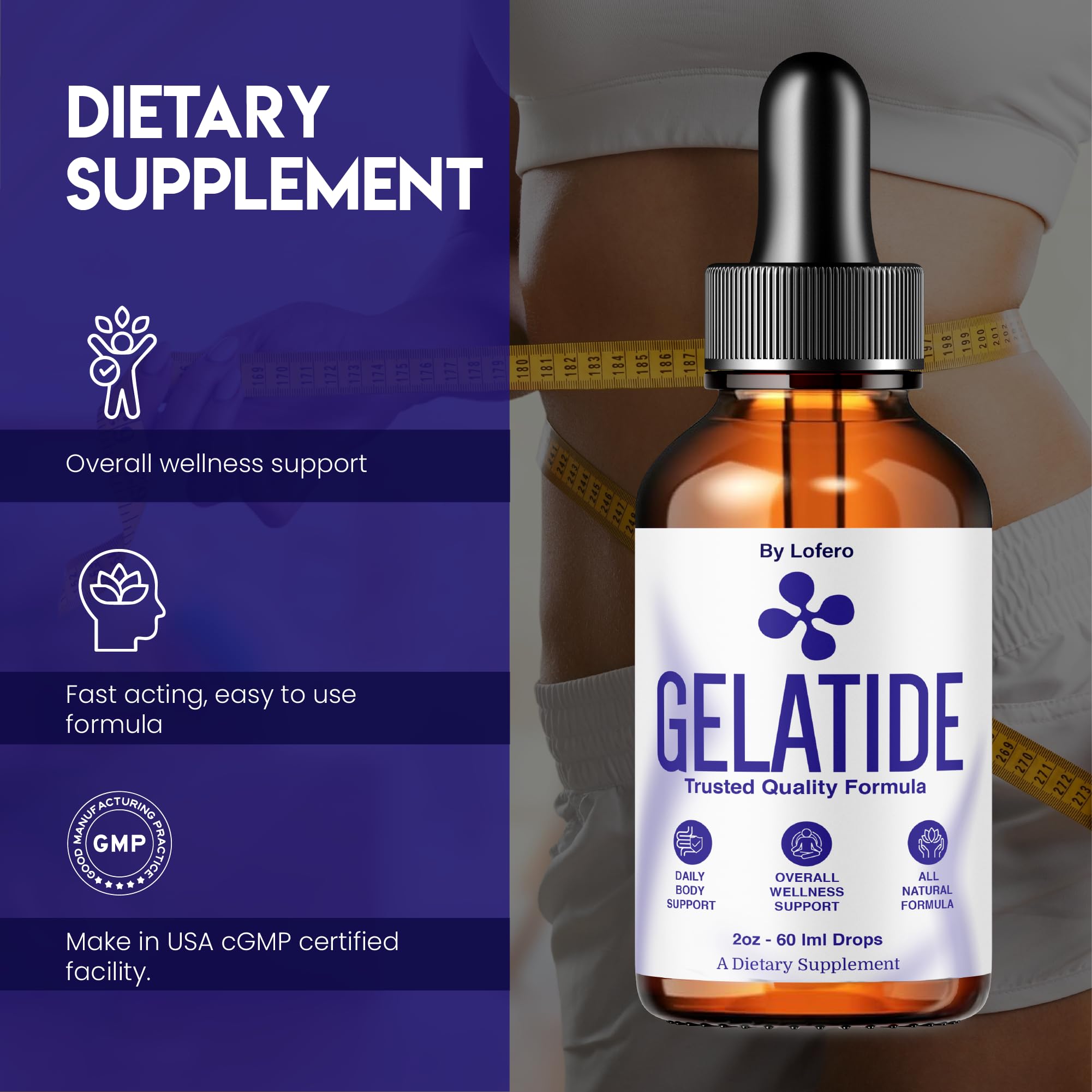 Lofero Gelatide Drops dropper releasing a precise dose for easy daily use.