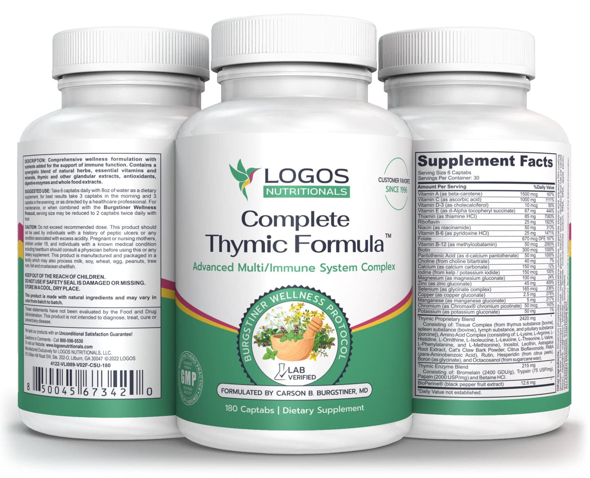 logos nutritionals Complete Thymic Formula bottle front for daily immune support.