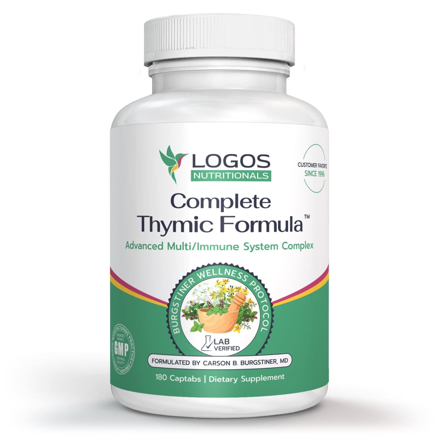 logos nutritionals Complete Thymic Formula bottle side label showing ingredients and suggested use.