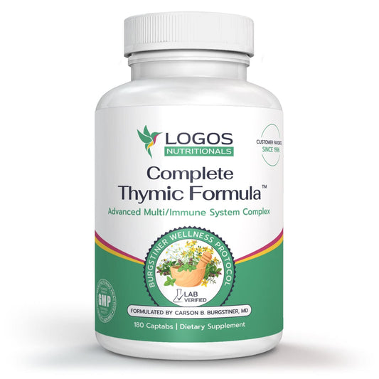 logos nutritionals Complete Thymic Formula bottle side label showing ingredients and suggested use.