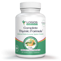 logos nutritionals Complete Thymic Formula bottle side label showing ingredients and suggested use.