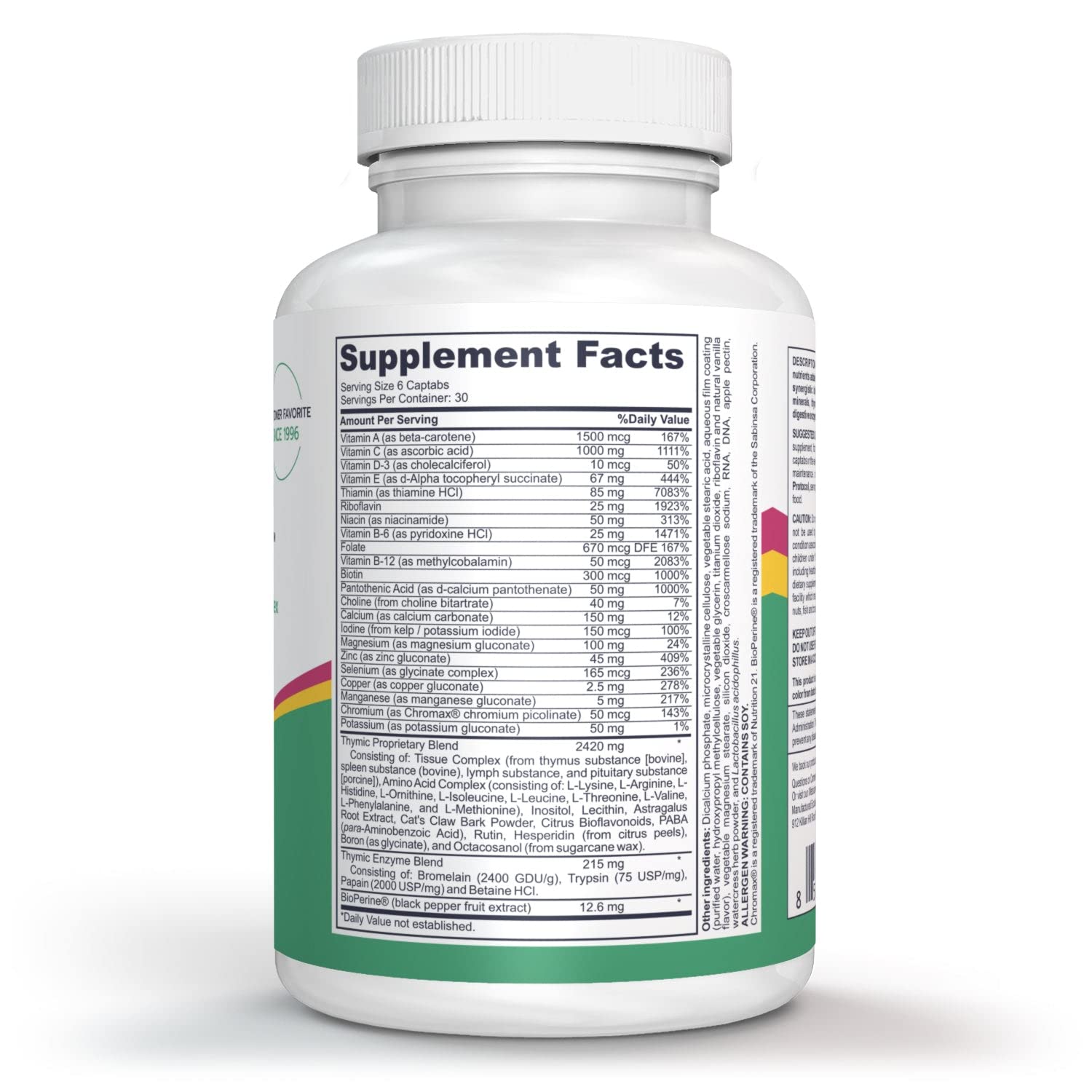 logos nutritionals Complete Thymic Formula ingredients panel highlights vitamins and minerals.