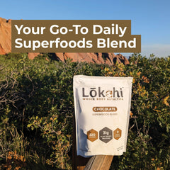 Lokahi Superfoods Protein Blend chocolate ingredient panel communicates natural nutrients