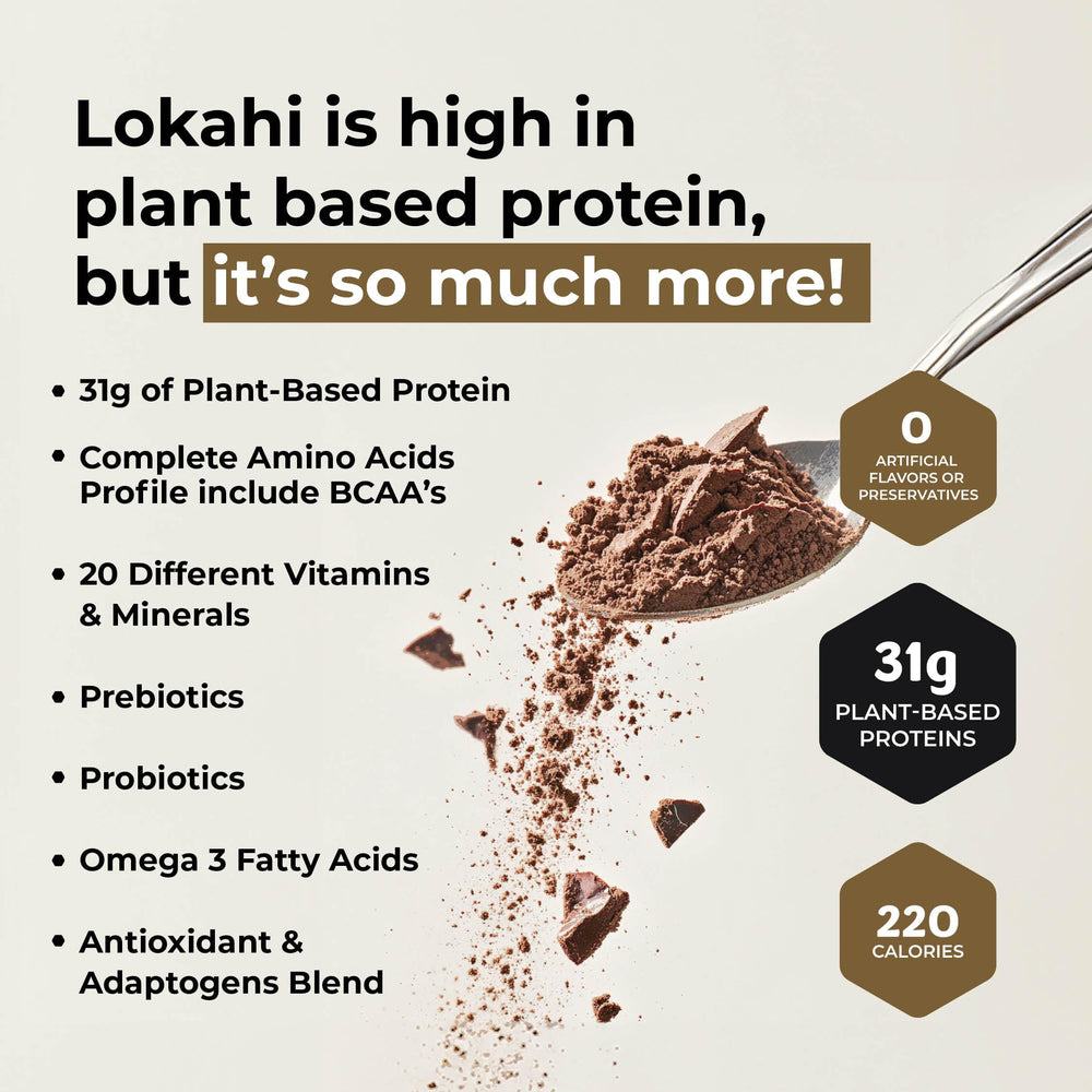 Lokahi Superfoods Protein Blend chocolate shake shows easy post-workout nourishment