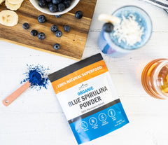 Lone Star Botanicals Blue Spirulina Powder scoop ready for protein drinks.