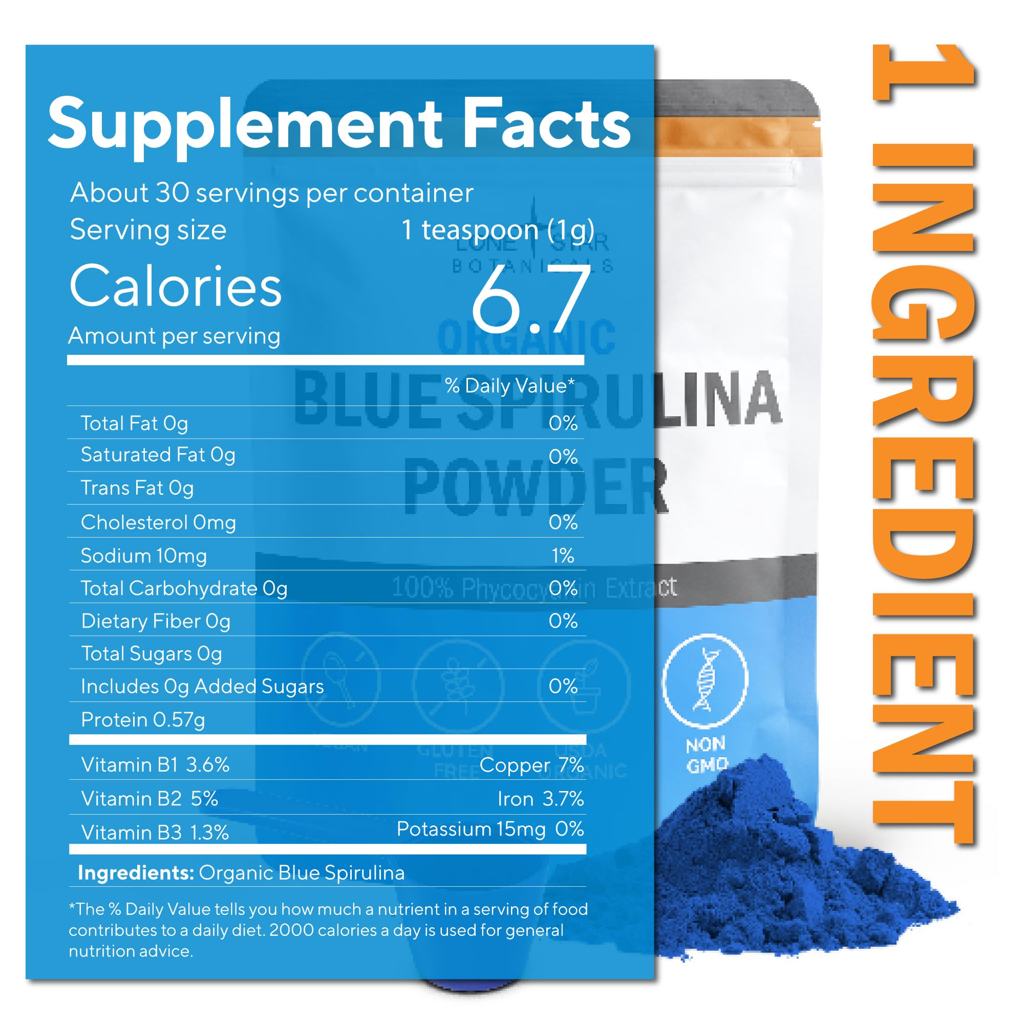 Lone Star Botanicals blue spirulina powder spoon shows pure color boost