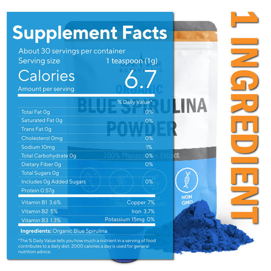 Lone Star Botanicals blue spirulina powder spoon shows pure color boost