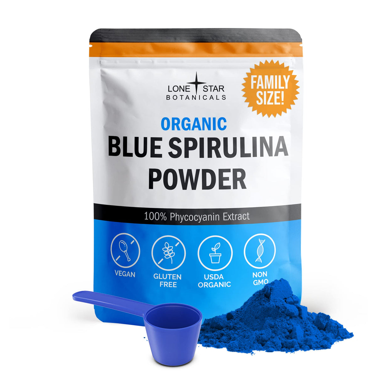 Lone Star Botanicals Blue Spirulina powder tub closeup for vibrant smoothies
