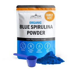Lone Star Botanicals Blue Spirulina powder tub closeup for vibrant smoothies