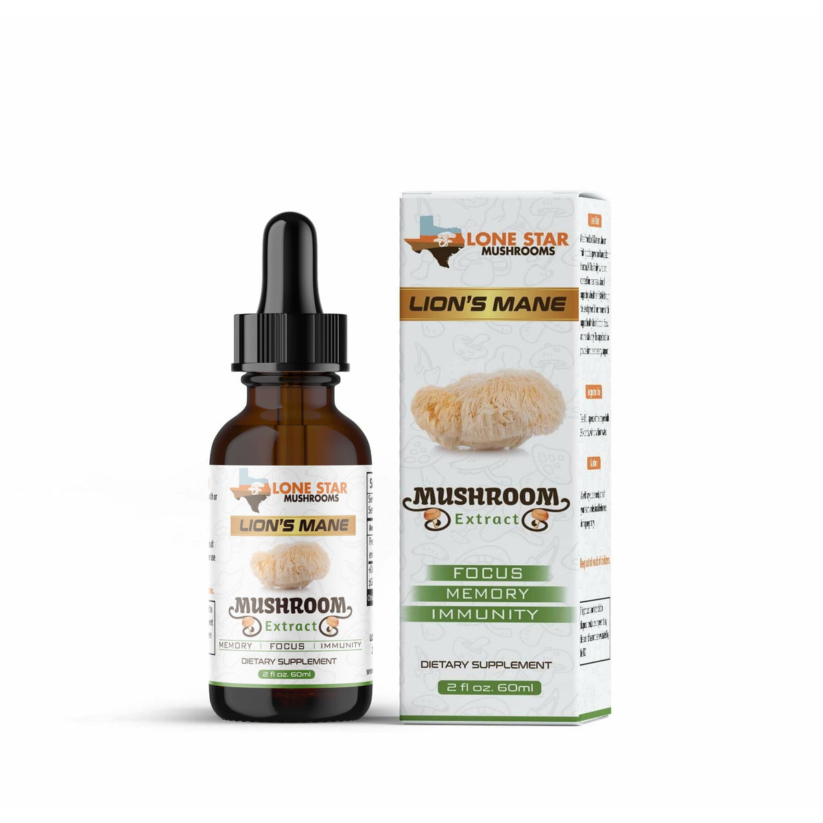 Lone Star Mushrooms Lions Mane dual extract bottle ready for daily use to support memory and focus.