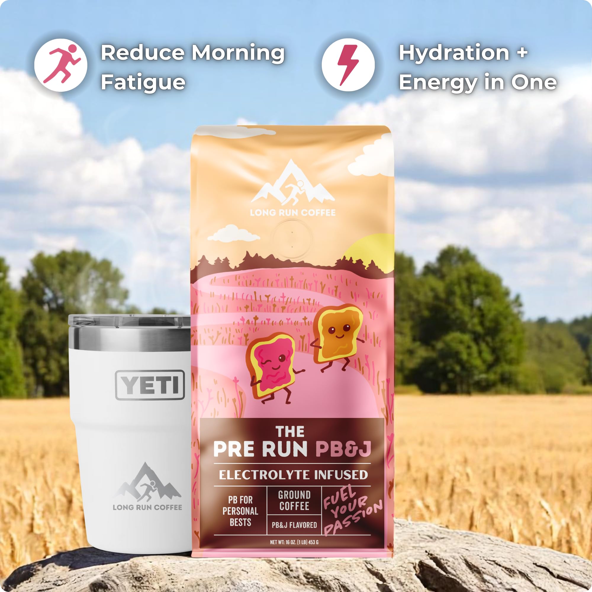 Long Run Coffee 95mg caffeine per serving supports focused energy.