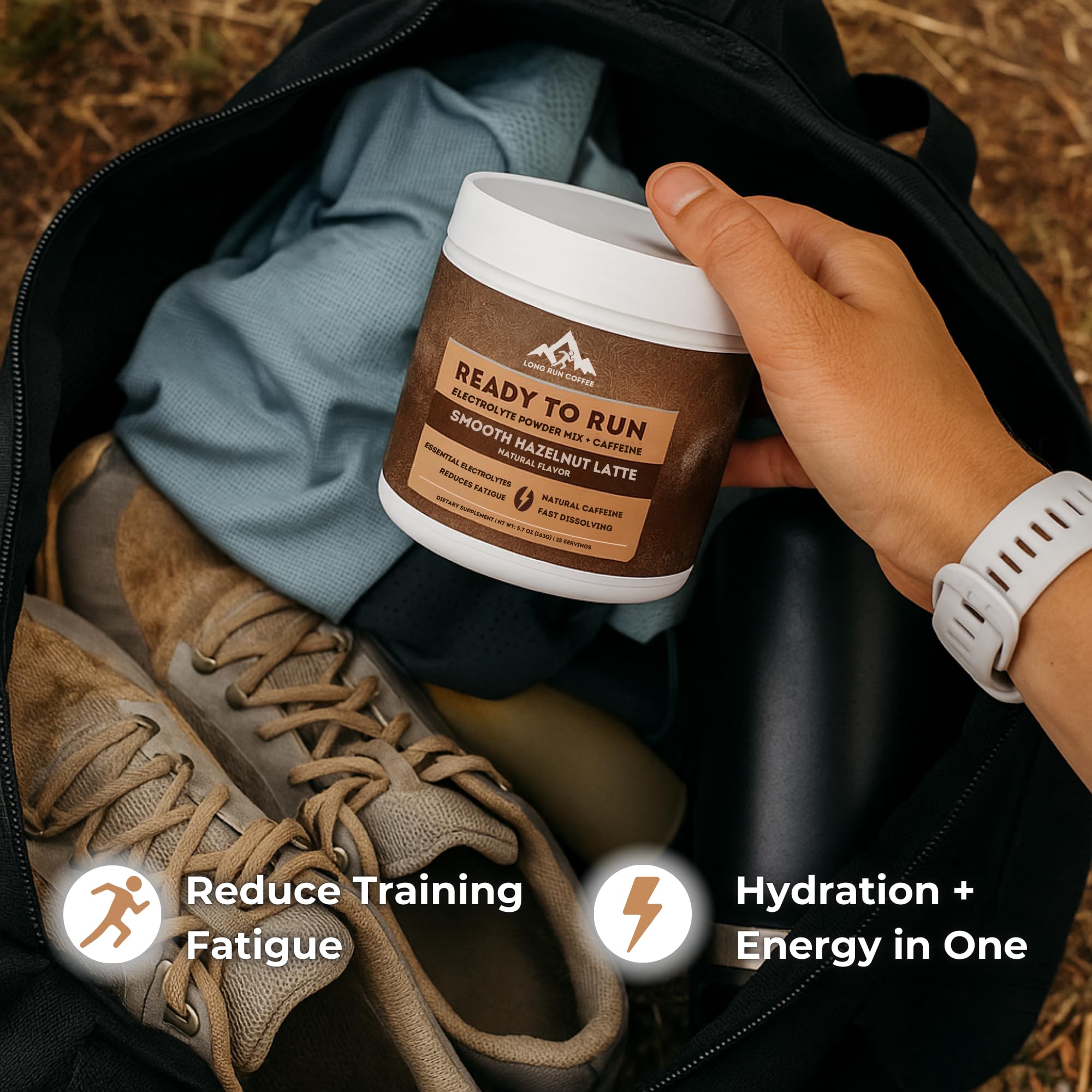 Long Run Ready to Run hazelnut latte in glass highlighting dairy-free option.