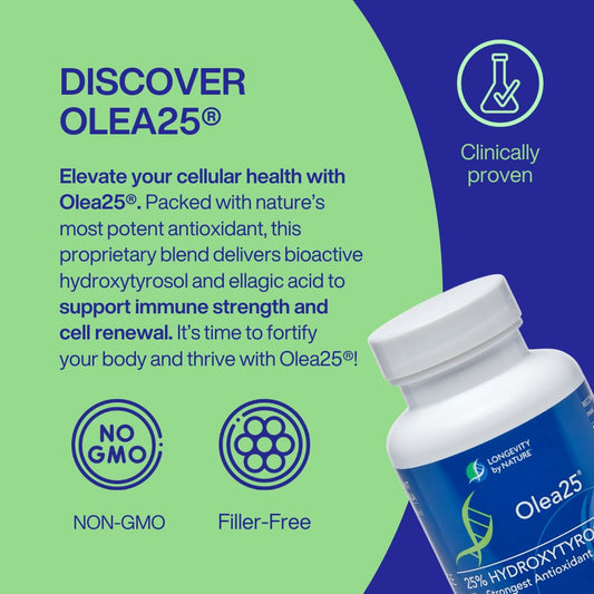 Longevity by Nature hydroxytyrosol capsules closeup highlighting immune and heart wellness potential.