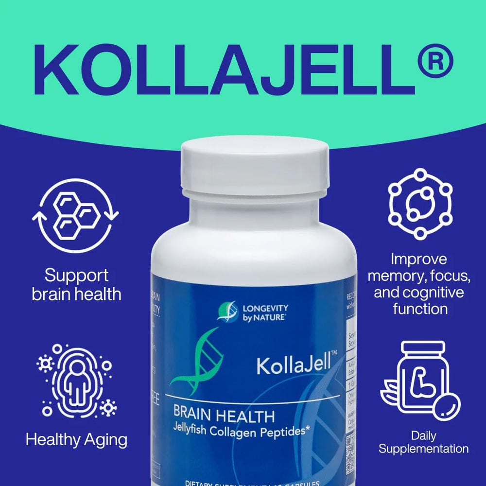 Longevity by Nature KollaJell ingredients-jar detail shows minerals and peptide blend for brain support.
