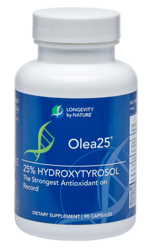 Longevity by Nature Olea25 capsules bottle showcasing olive leaf antioxidant support.