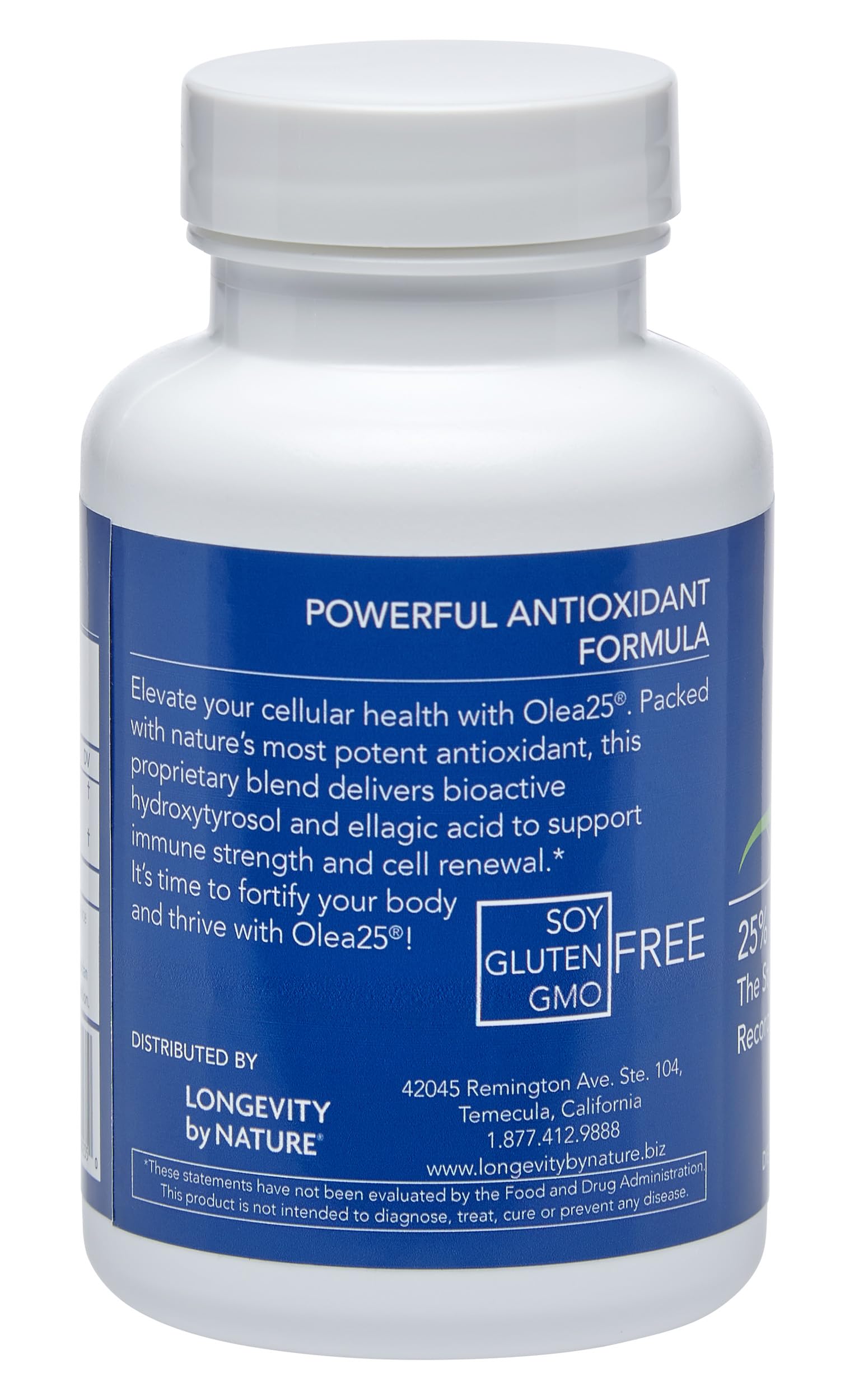 Longevity by Nature olive leaf extract capsules packaging illustrating plant-based wellness.