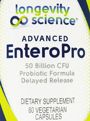 Longevity EnteroPro packaging box highlighting shelf-stable design