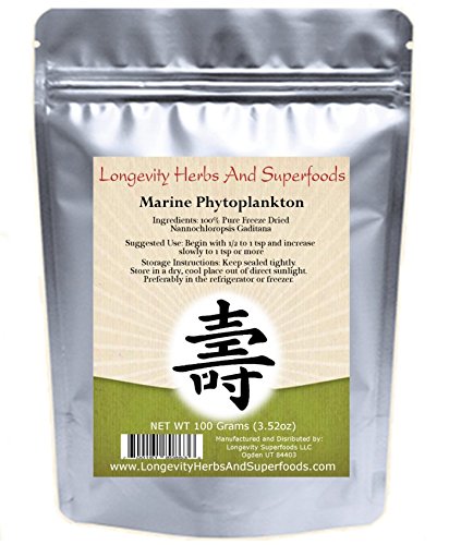 Longevity Herbs Marine Phytoplankton powder label showing 100 g for informed use.