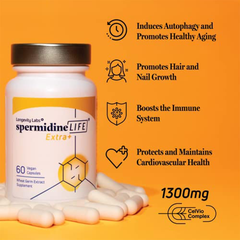Longevity Labs+ spermidineLIFE Extra+ packaging for month-long supply.