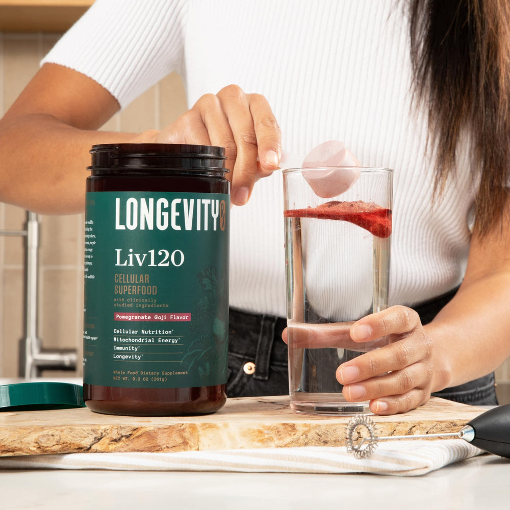 Longevity Rx Liv120 blue turmeric detail emphasizes potency and flavor.