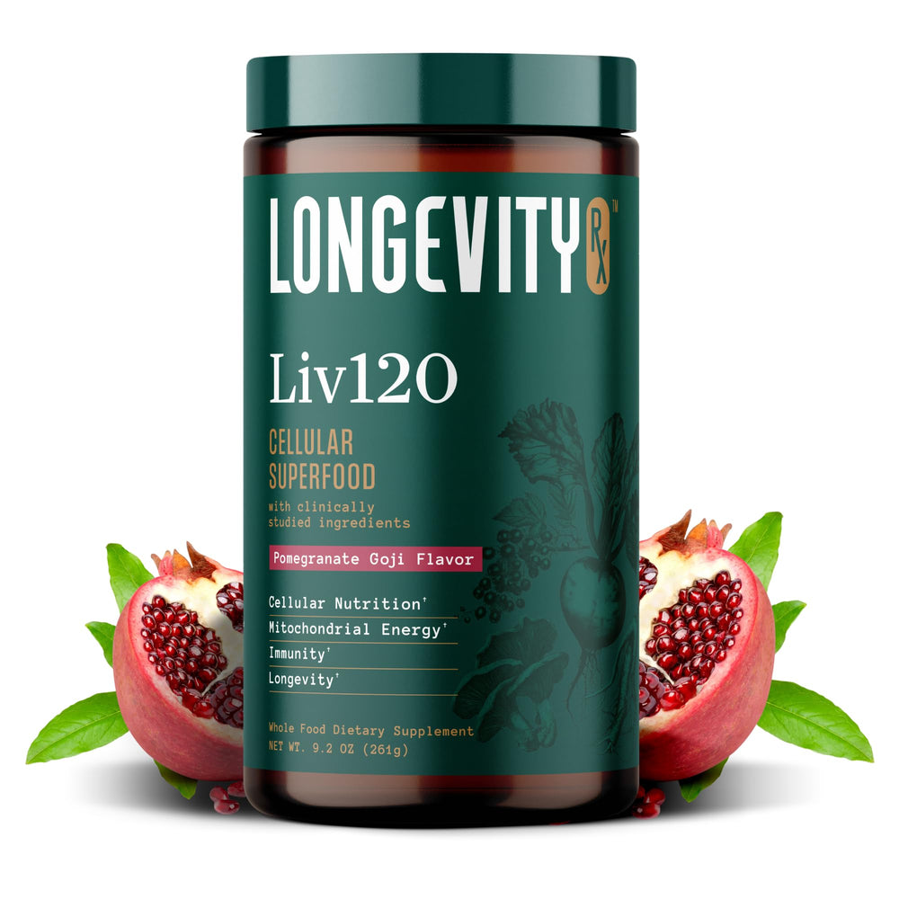 Longevity Rx Liv120 bottle front emphasizes antioxidant blend for daily vitality.