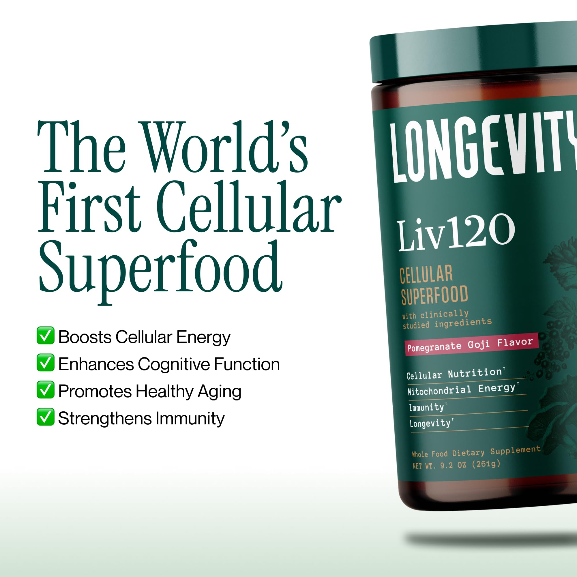 Longevity Rx Liv120 pomegranate blend close-up highlights polyphenols for healthy aging.