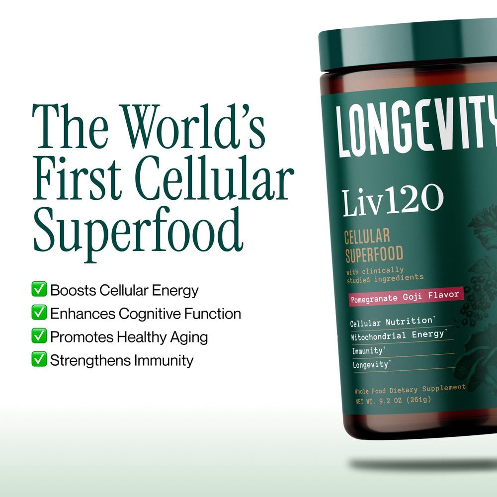 Longevity Rx Liv120 pomegranate blend close-up highlights polyphenols for healthy aging.