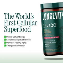 Longevity Rx Liv120 pomegranate blend close-up highlights polyphenols for healthy aging.