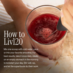 Longevity Rx Liv120 powder poured into glass for versatile daily use.