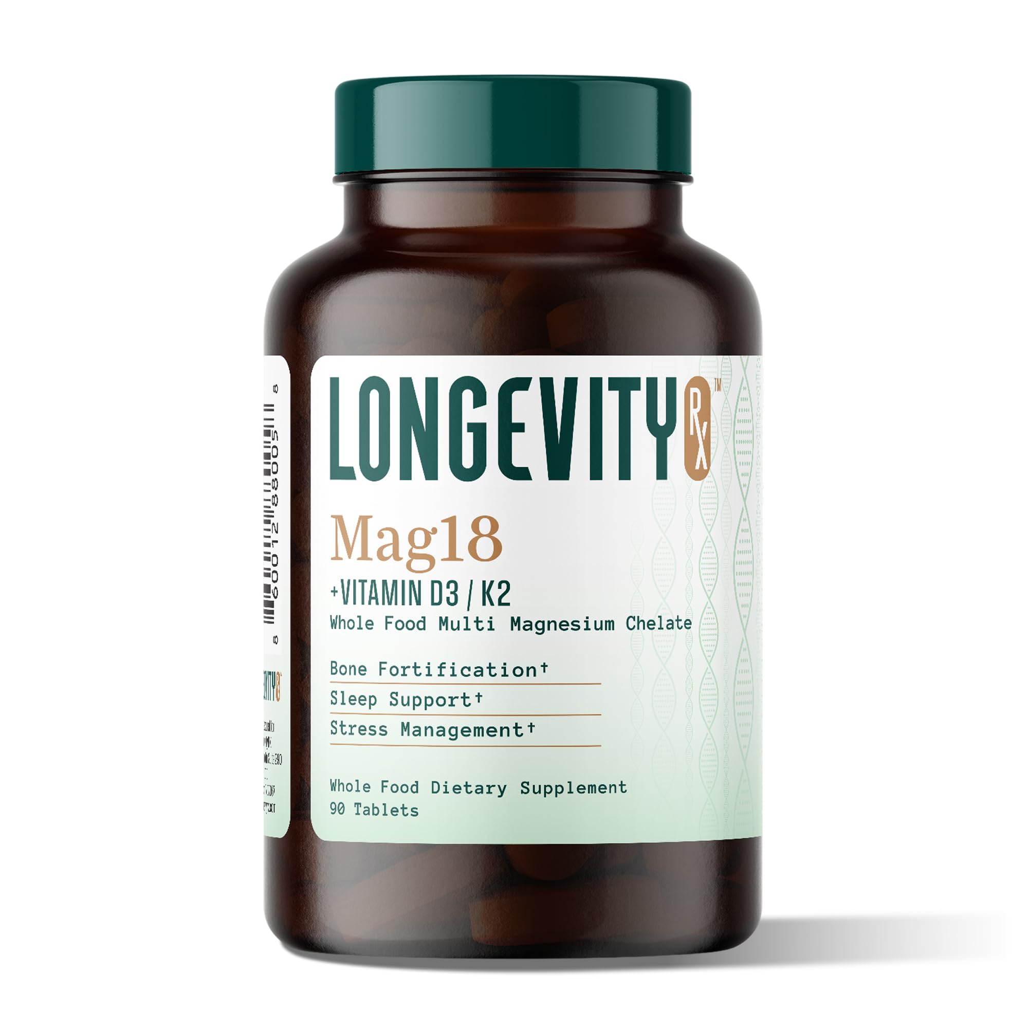 Longevity Rx Mag18 bottle demonstrates peptide-bound magnesium for cellular support and easy daily use.