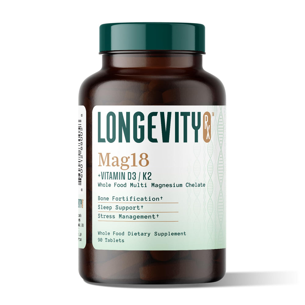 Longevity Rx Mag18 bottle demonstrates peptide-bound magnesium for cellular support and easy daily use.