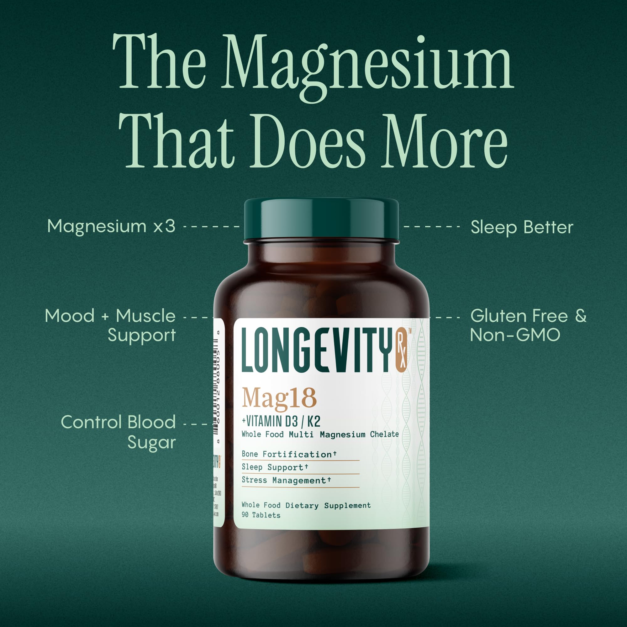 Longevity Rx Mag18 capsules show a D3 and K2 magnesium blend for balanced mineral intake.