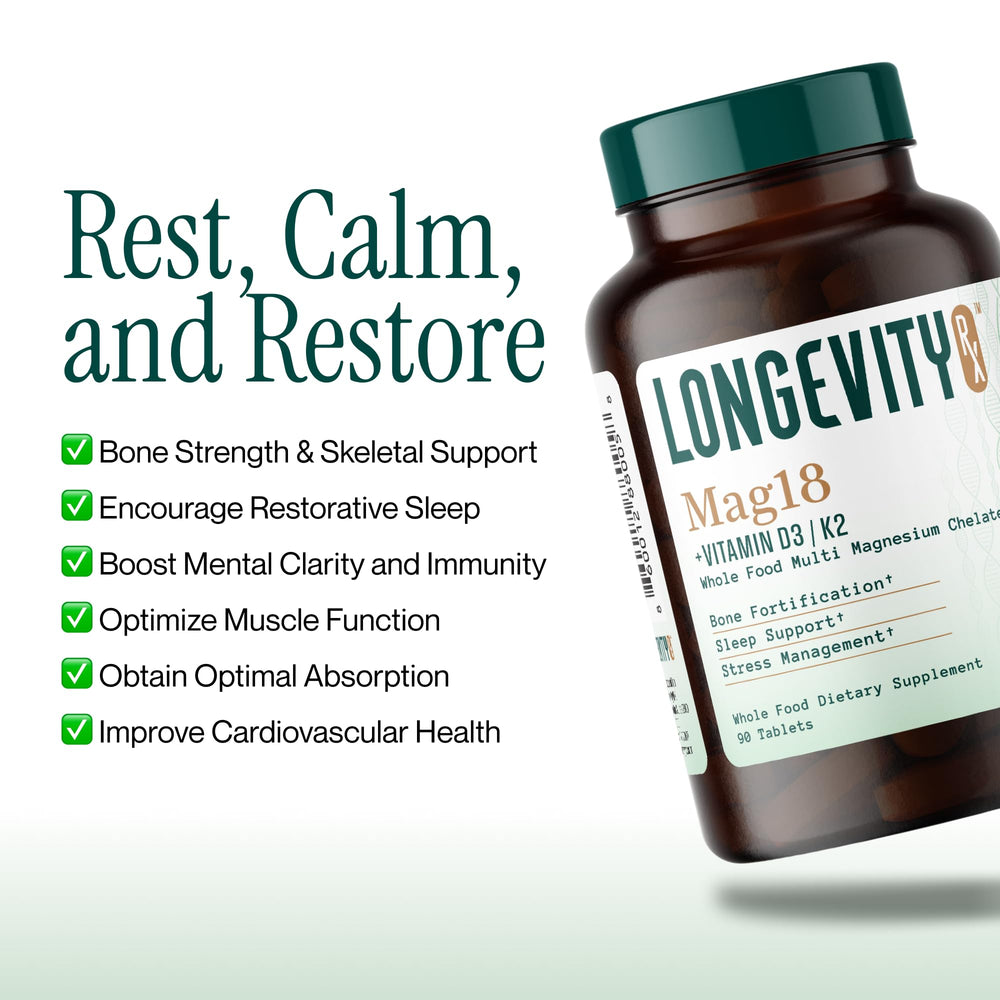 Longevity Rx Mag18 packaging beside a glass of water for simple daily dosing.
