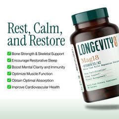 Longevity Rx Mag18 packaging beside a glass of water for simple daily dosing.