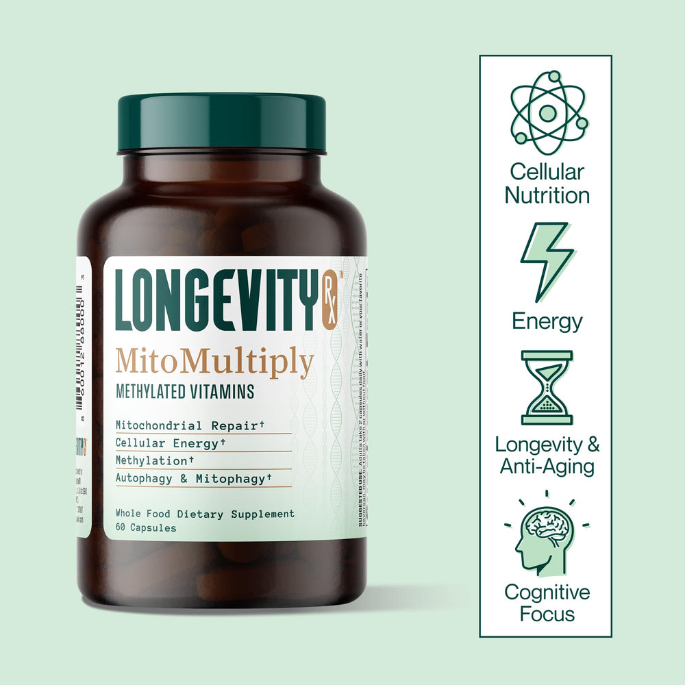Longevity Rx MitoMultiply 60 capsules count on packaging for value.