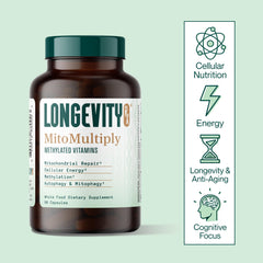 Longevity Rx MitoMultiply 60 capsules count on packaging for value.