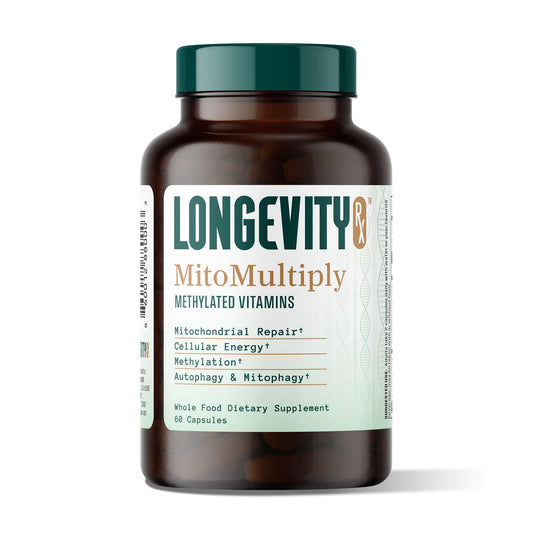 Longevity Rx MitoMultiply bottle front for mitochondrial support and daily energy.