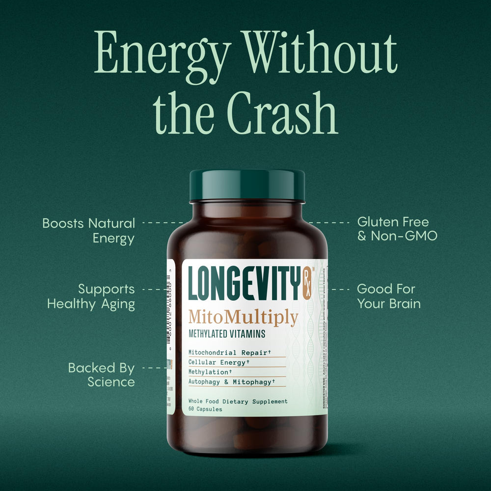 Longevity Rx MitoMultiply capsules closeup showing compact energy-boosting form.