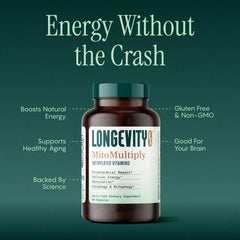Longevity Rx MitoMultiply capsules closeup showing compact energy-boosting form.