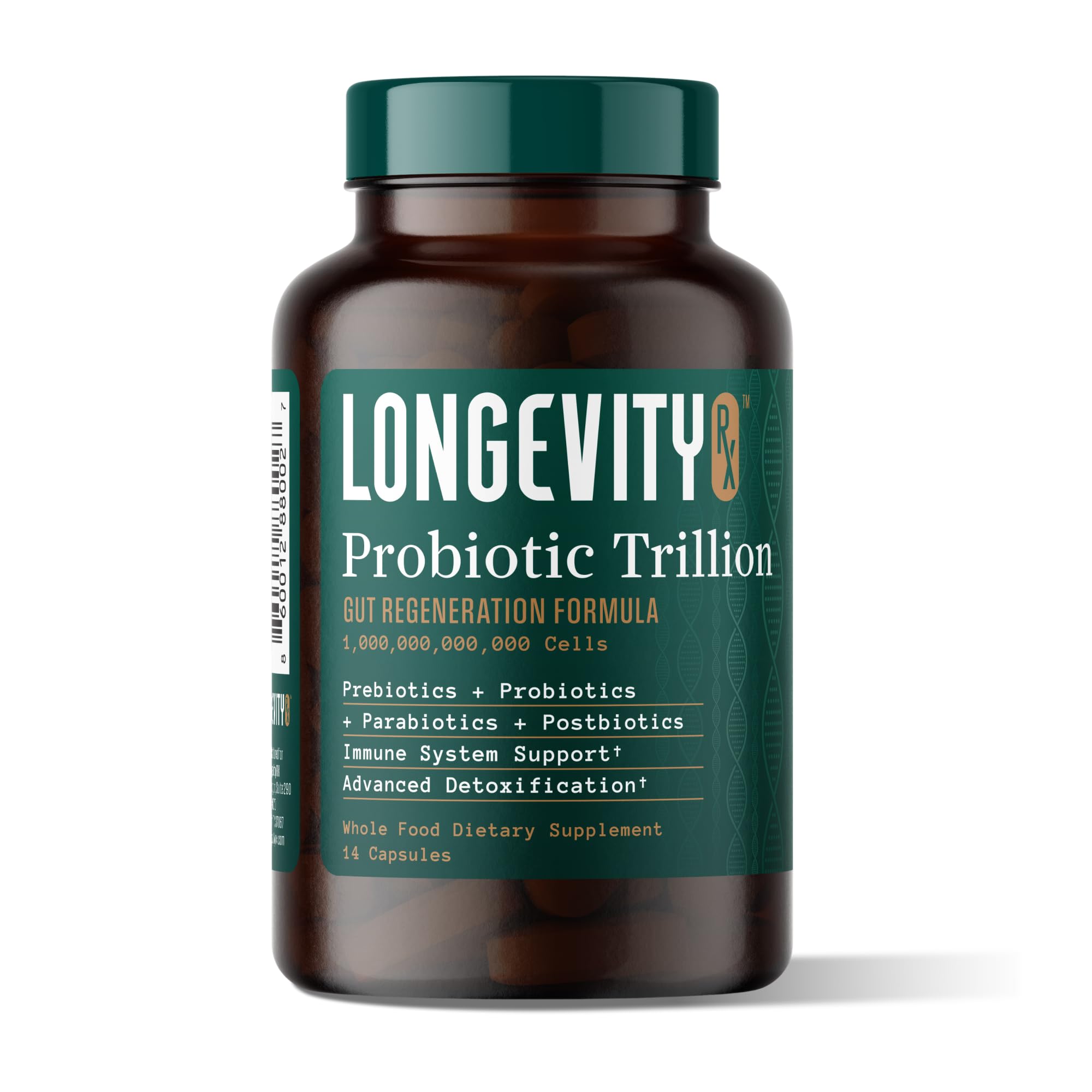 Longevity RX Probiotic Trillion bottle front shows ready-to-use gut support for daily balance