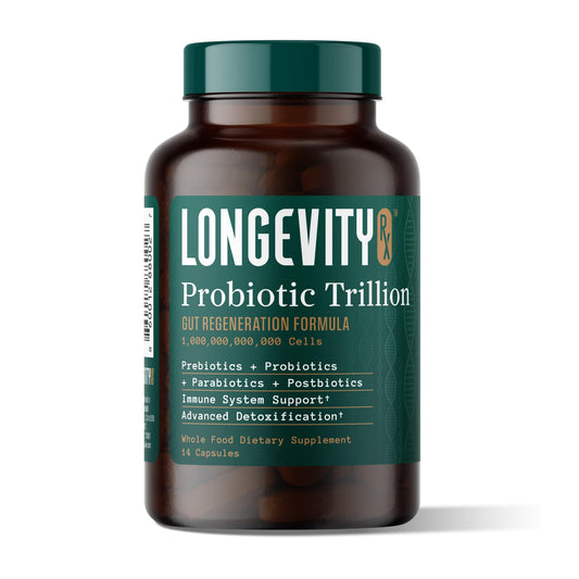 Longevity RX Probiotic Trillion bottle front shows ready-to-use gut support for daily balance