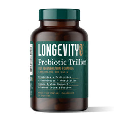 Longevity RX Probiotic Trillion bottle front shows ready-to-use gut support for daily balance