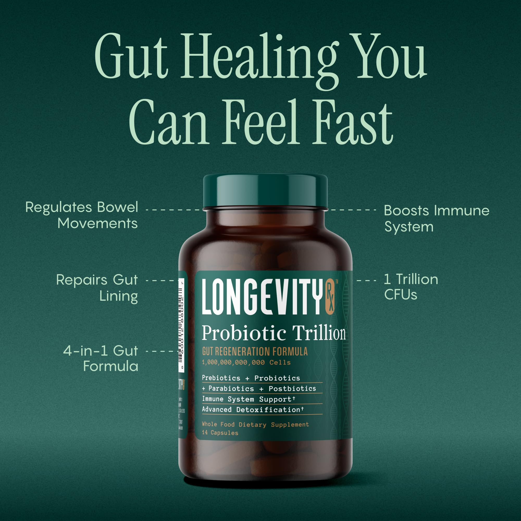 Longevity RX Probiotic Trillion label close-up highlights AB-22 strain for gut resilience