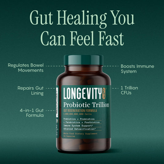 Longevity RX Probiotic Trillion label close-up highlights AB-22 strain for gut resilience