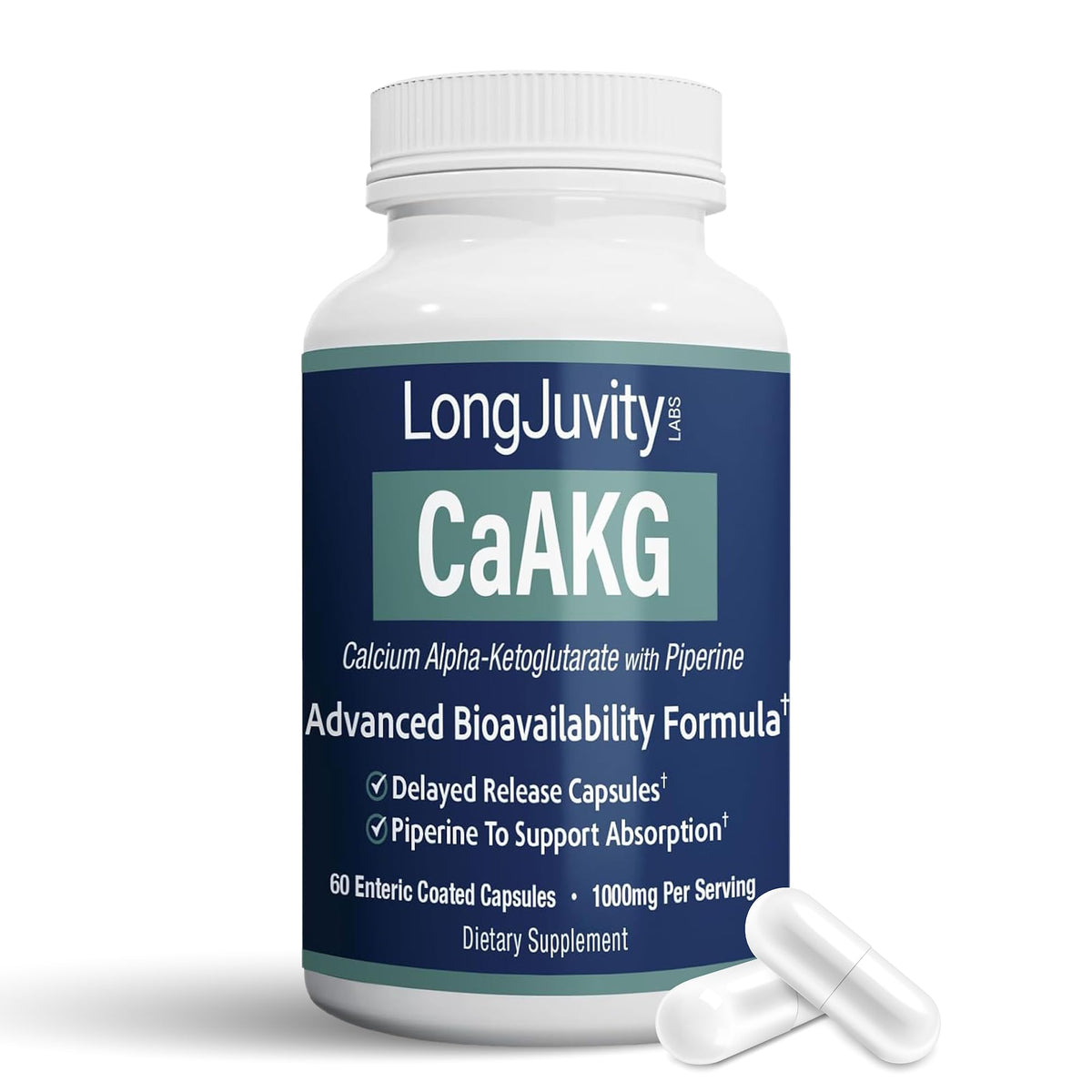 LongJuvity Calcium AKG time-release bottle front shows steady delivery.