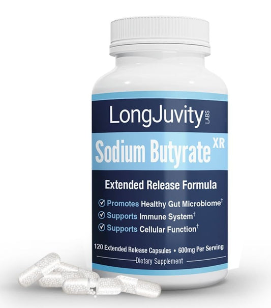 LongJuvity Sodium Butyrate extended-release capsules on bottle, supporting gut health